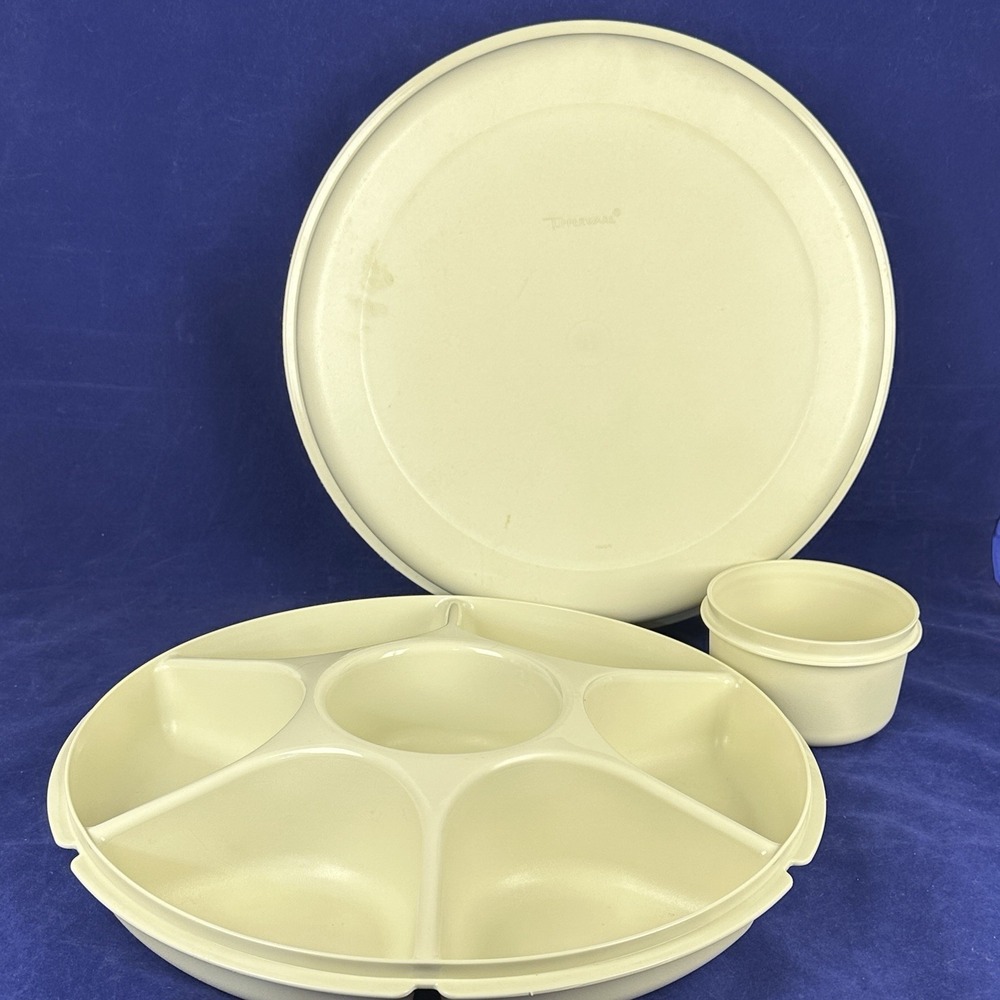 Vintage Tupperware Serving Center Tray  Beige With Log & Dip Bowl No Lid